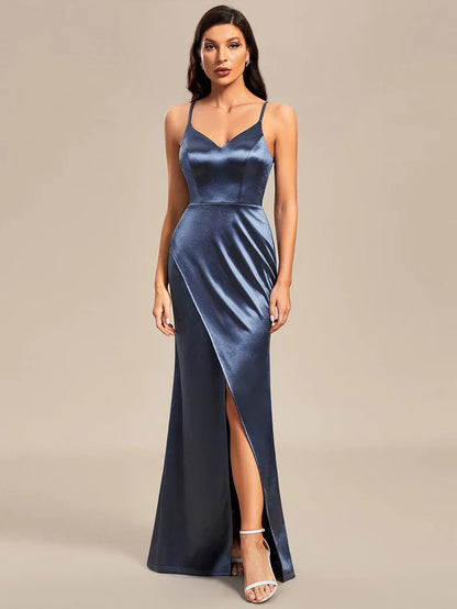 Pleated Front Slit Spaghetti Straps High Stretch Bodycon Satin Bridesmaid Dress