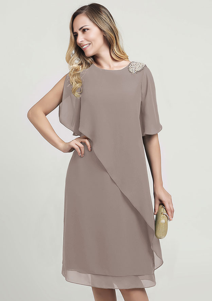 Chiffon Mother of the Bride Dress Sheath/Column Scoop Neck Short Sleeve Knee-Length