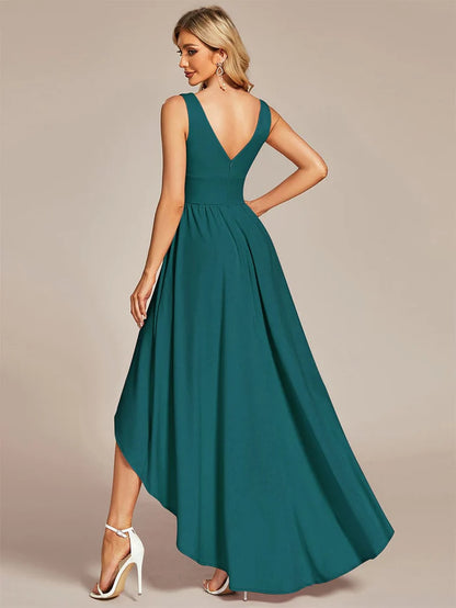 Deep V-Neck High-Low Sleeveless A-Line Wedding Guest Dress