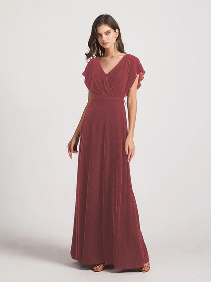 Flutter Sleeve Open Back Velvet Bridesmaid Dresses