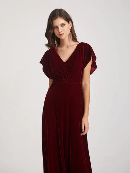 Flutter Sleeve Open Back Velvet Bridesmaid Dresses