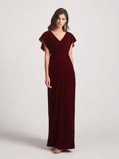 Flutter Sleeve Open Back Velvet Bridesmaid Dresses