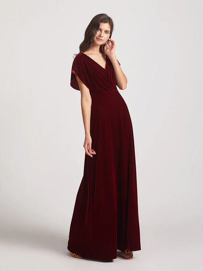 Flutter Sleeve Open Back Velvet Bridesmaid Dresses