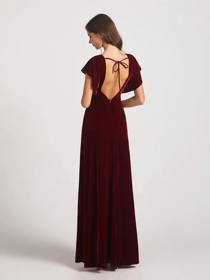 Flutter Sleeve Open Back Velvet Bridesmaid Dresses