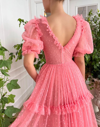 V-Neck Long Prom Dress Rose Romance Tulle Gown