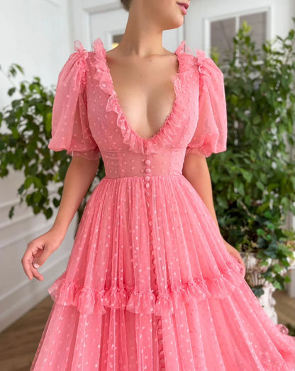 V-Neck Long Prom Dress Rose Romance Tulle Gown