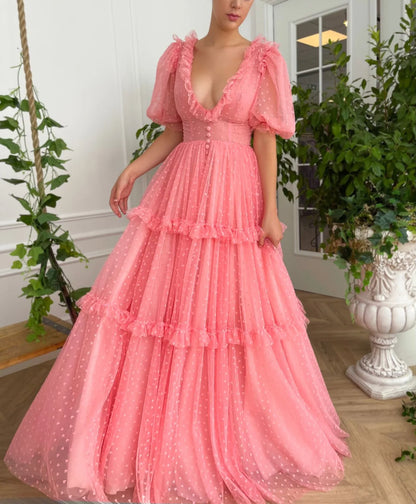 V-Neck Long Prom Dress Rose Romance Tulle Gown