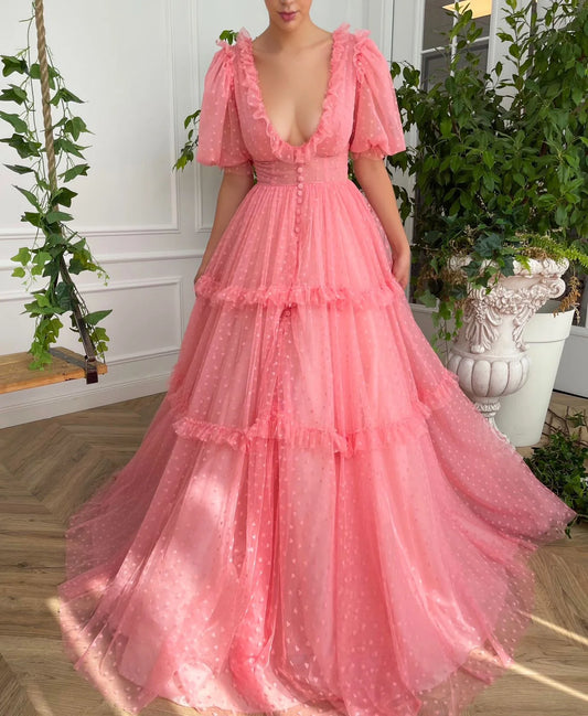 V-Neck Long Prom Dress Rose Romance Tulle Gown