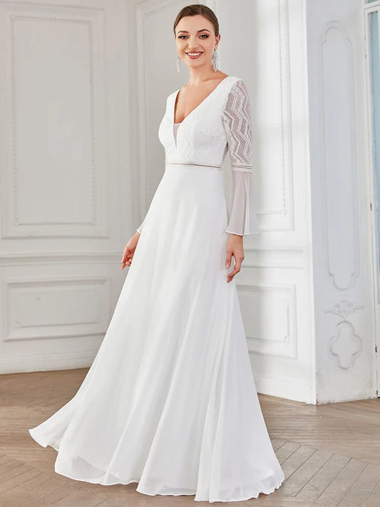 Bell Sleeve Chevron Lace V-Neck A-Line Wedding Dress