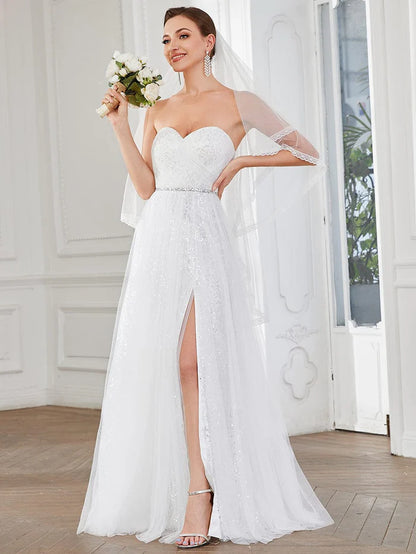 Strapless Sweetheart Lace Corset Back Side Slit Wedding Dress