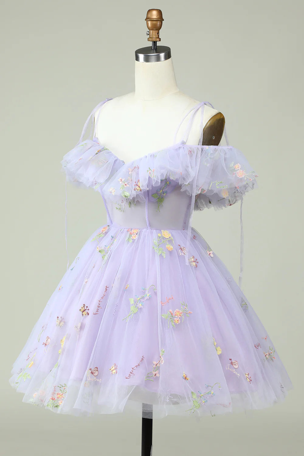 A-Line Princess Lavender Off the Shoulder Corset Homecoming Dress with Ruffles