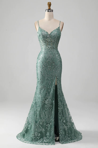 Spaghetti Staps Sparkly Grey Green Prom Dress with Beading