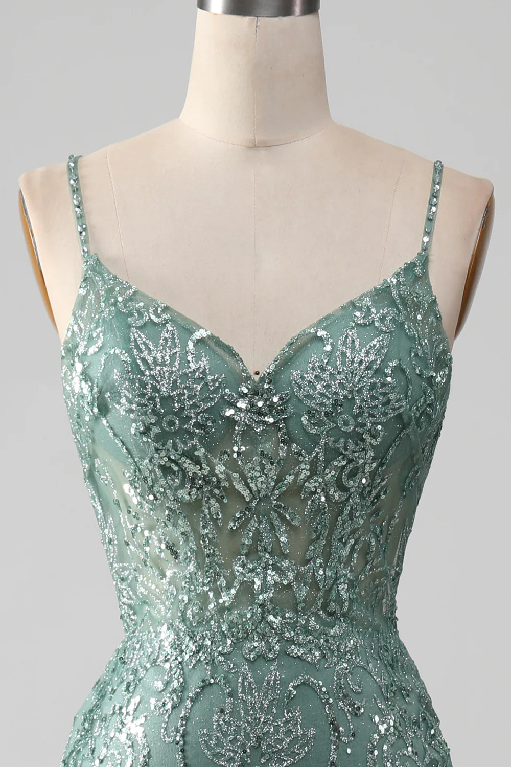 Spaghetti Staps Sparkly Grey Green Prom Dress with Beading