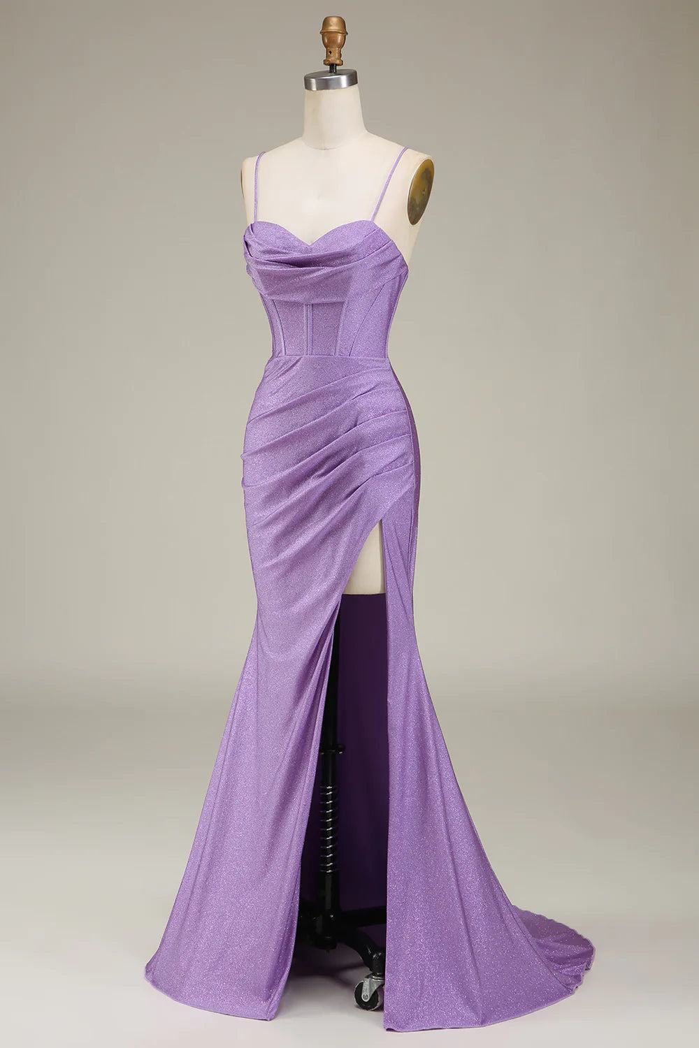 Satin Spaghetti Straps Lilac Purple Prom Dress with Corset