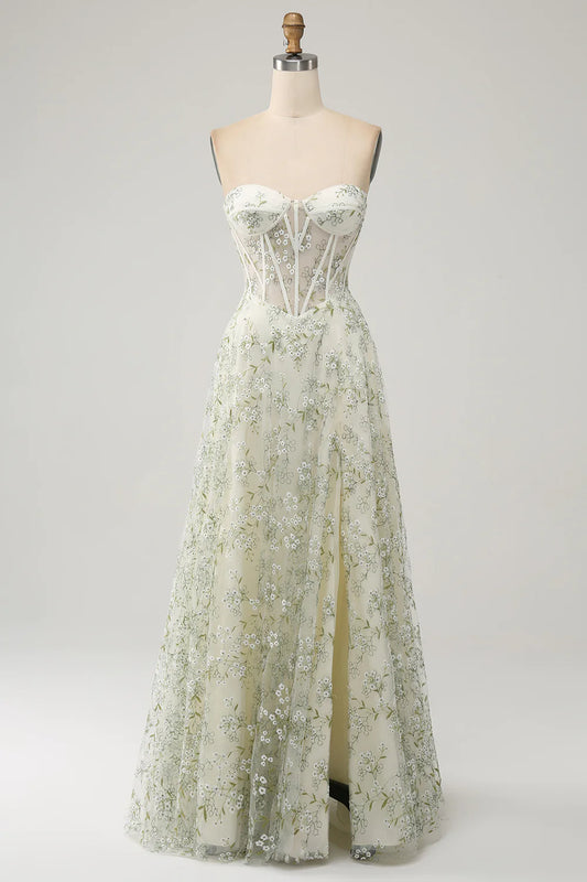 A-Line Light Green Corset Prom Dress with Embroidery