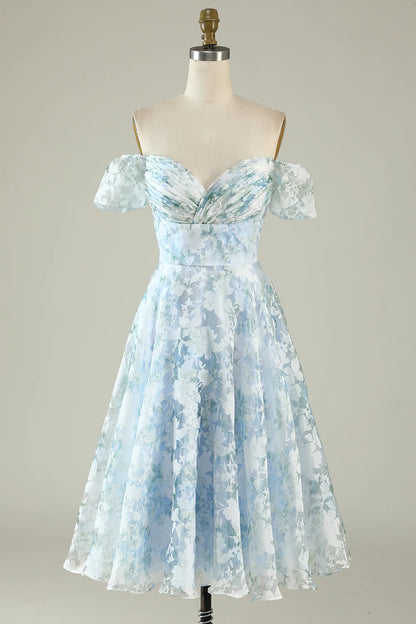 A-Line Blue Party Dress Off The Shoulder Printed Blue Tea-Length Cocktail Dress