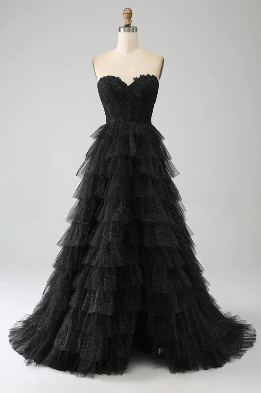 Glitter Sweetheart Black  Party Dress Corset Prom Dress with Slit