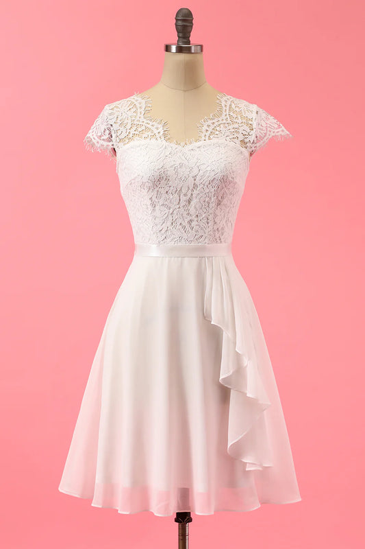 White Formal Lace Ruffle Dress Knee length Cute A-Line Dress
