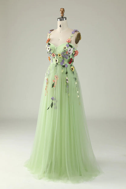 Champagne Spaghetti Straps Prom Dress With 3D Flowers