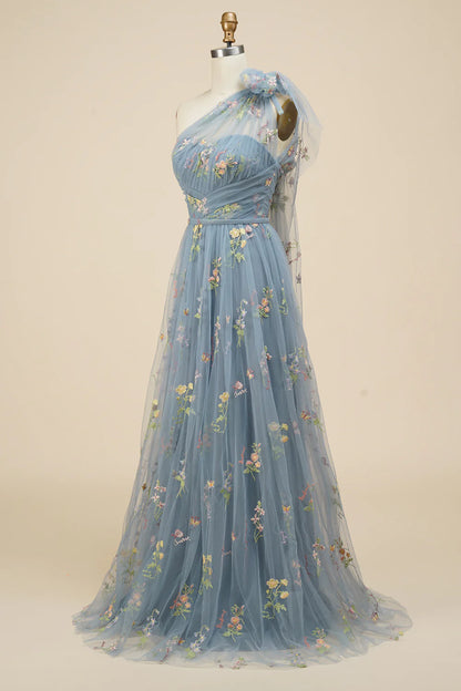 A-Line Grey Blue Long Prom Dress With Embroidery