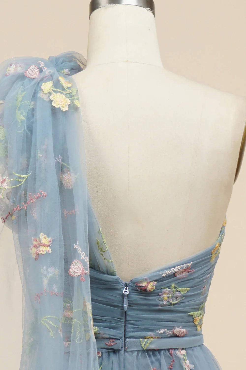 A-Line Grey Blue Long Prom Dress With Embroidery