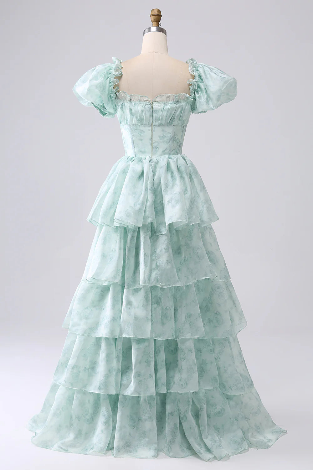 A Line Square Neck Light Blue Tiered Floral Long Prom Dress with Ruffles