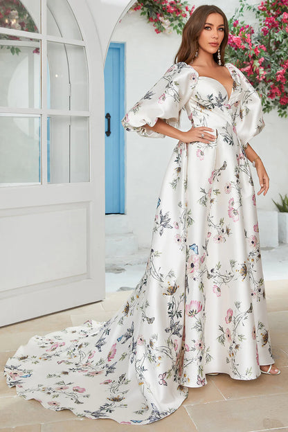 Ivory Floral Satin Chapel Train Wedding Dress With Slit
