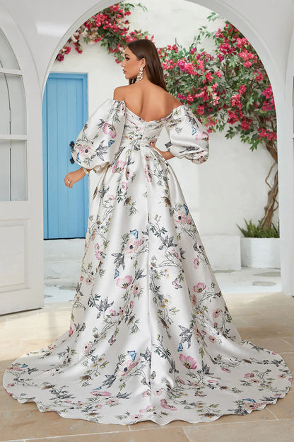 Ivory Floral Satin Chapel Train Wedding Dress With Slit