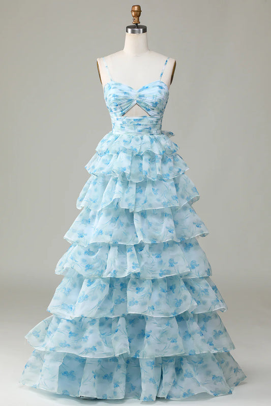 Spaghetti Straps Cut Out Tiered Blue Bridesmaid Dress Slip Dress Prom Dress