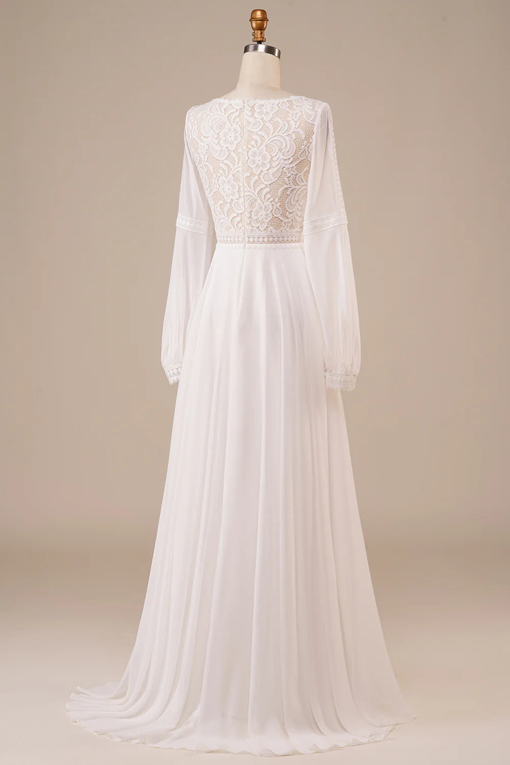 Long Sleeves Ivory Wedding Dress with Lace V-Neck Long Dress