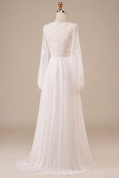 Long Sleeves Ivory Wedding Dress with Lace V-Neck Long Dress
