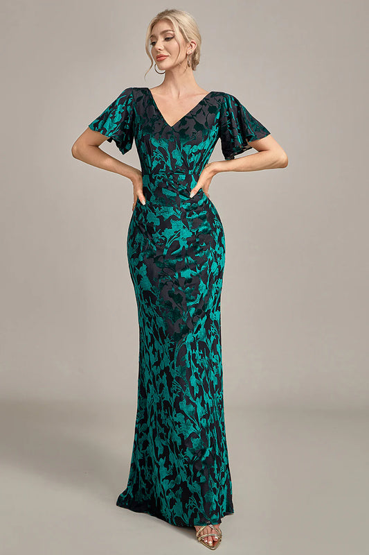 Velvet Peacock V-Neck Long Dress Mother of the Bride Dress