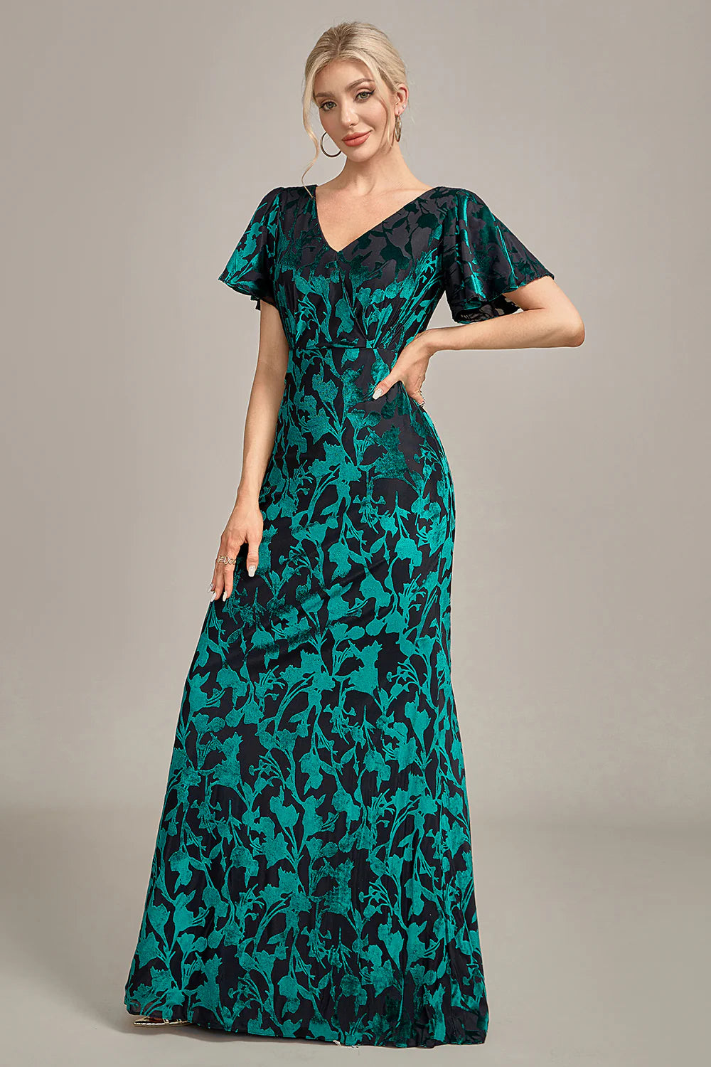 Velvet Peacock V-Neck Long Dress Mother of the Bride Dress