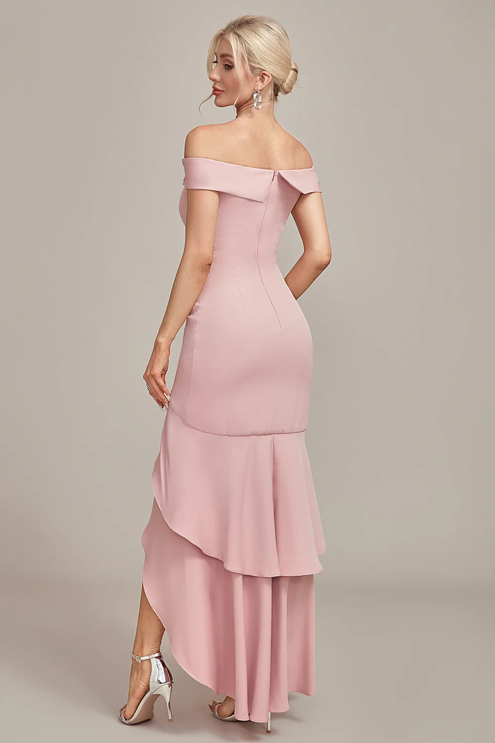 Mermaid Asymmetrical Pink Dress Ruffled Mother of the Bride Dress With Slit