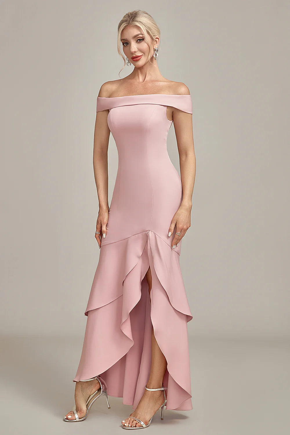 Mermaid Asymmetrical Pink Dress Ruffled Mother of the Bride Dress With Slit