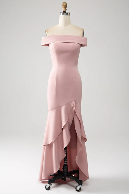 Mermaid Asymmetrical Pink Dress Ruffled Mother of the Bride Dress With Slit