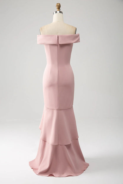 Mermaid Asymmetrical Pink Dress Ruffled Mother of the Bride Dress With Slit