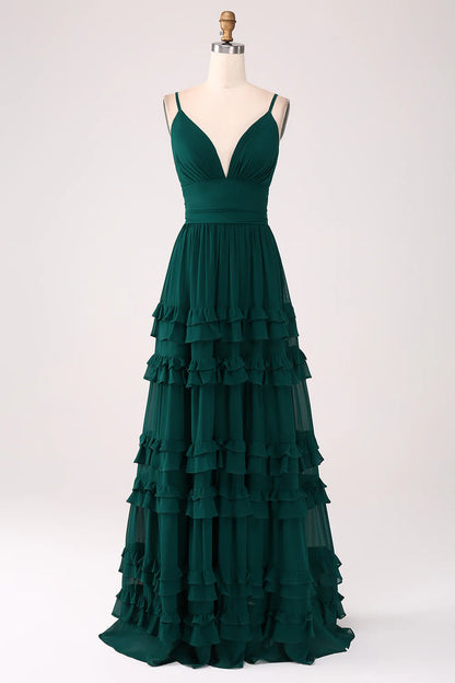 Spaghetti Straps V-Neck Floor-length Tiered Prom Dress with Pleated