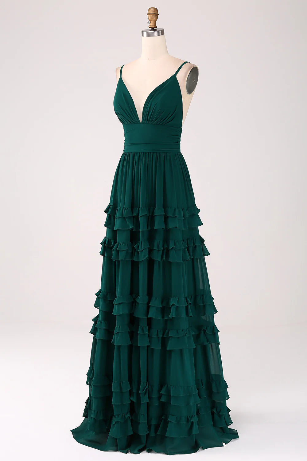 Spaghetti Straps V-Neck Floor-length Tiered Prom Dress with Pleated