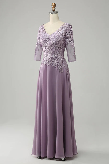 Grey Purple Chiffon Mother of the Bride Dress with Lace