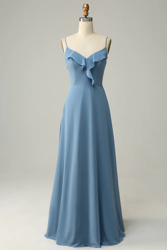 A Line Spaghetti Straps Grey Blue Long Bridesmaid Dress with Ruffles