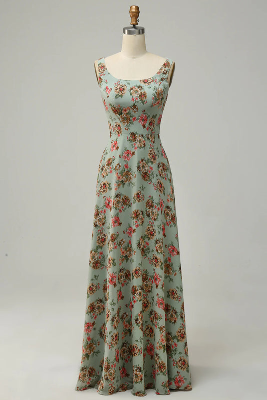 A Line Square Neck Green Floral Long Bridesmaid Dress with Open Back