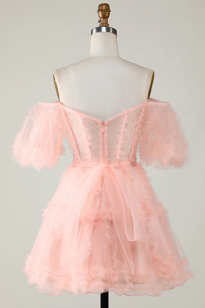 Cute A Line Off the Shoulder Pink Tulle Homecoming Dress Party Dress