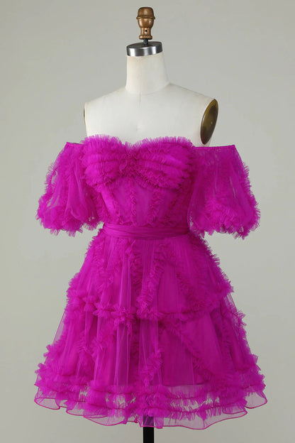 Cute A Line Off the Shoulder Pink Tulle Homecoming Dress Party Dress