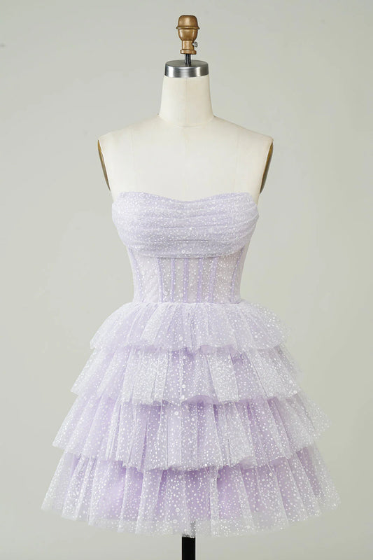 Sparkly Purple Corset Tiered Cute Homecoing Dress Strapless Party Dress