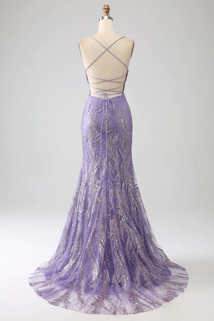 Sparkly Mermaid Lilac sleeveless backless Long Prom Dress