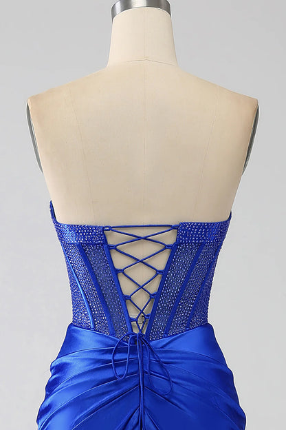 Mermaid Strapless Royal Blue Corset Prom Dress with Beading