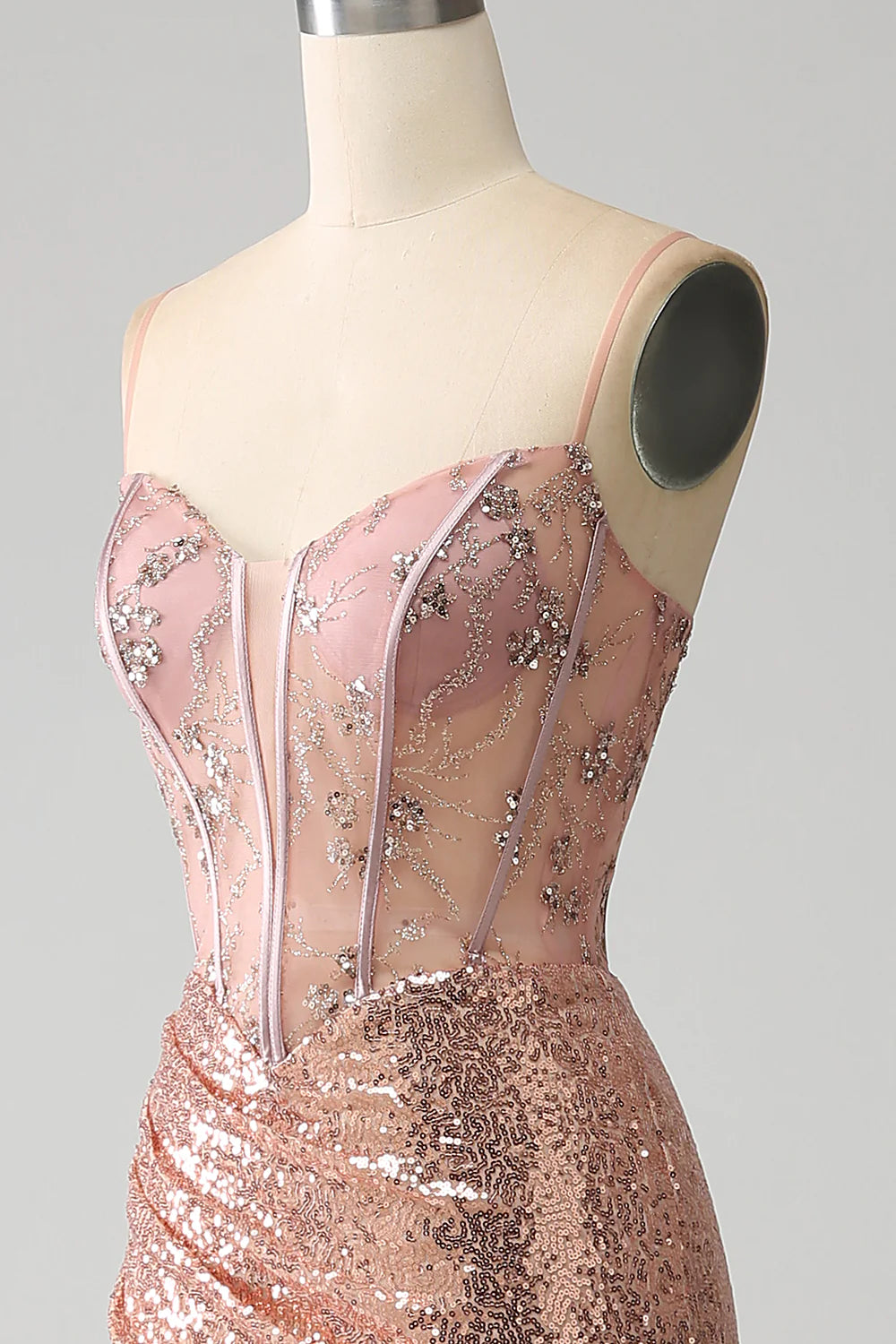 Rose Gold Mermaid Beaded Ruched Sequin Corset Prom Dress With Side Slit