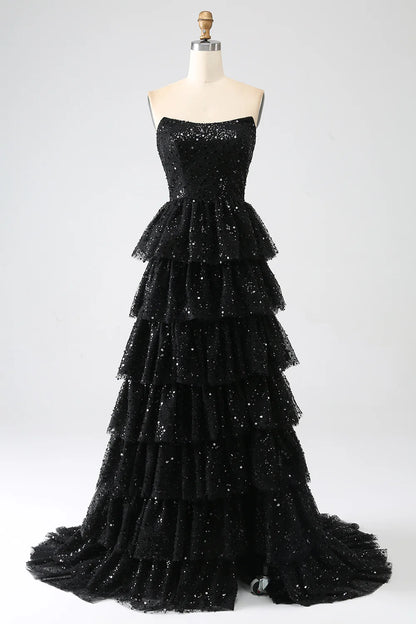 A-Line Party Dress Sequins Black Tiered Prom Dress with Slit