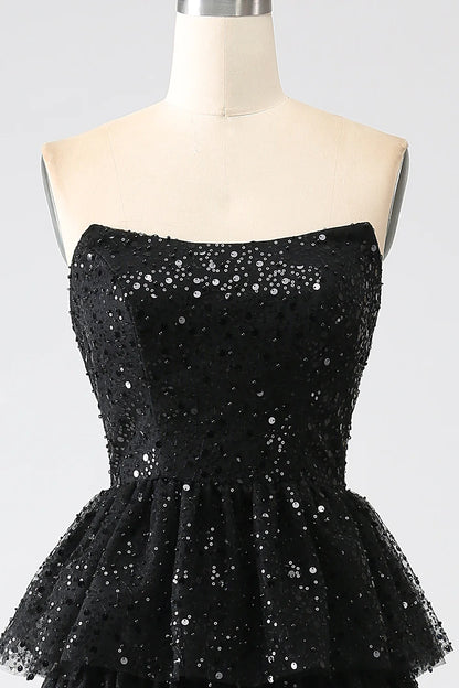 A-Line Party Dress Sequins Black Tiered Prom Dress with Slit